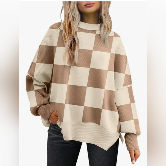 lillusory Sweaters - LILLUSORY Women's Oversized Crewneck Ribbed Checkered Sweater MEDIUM
